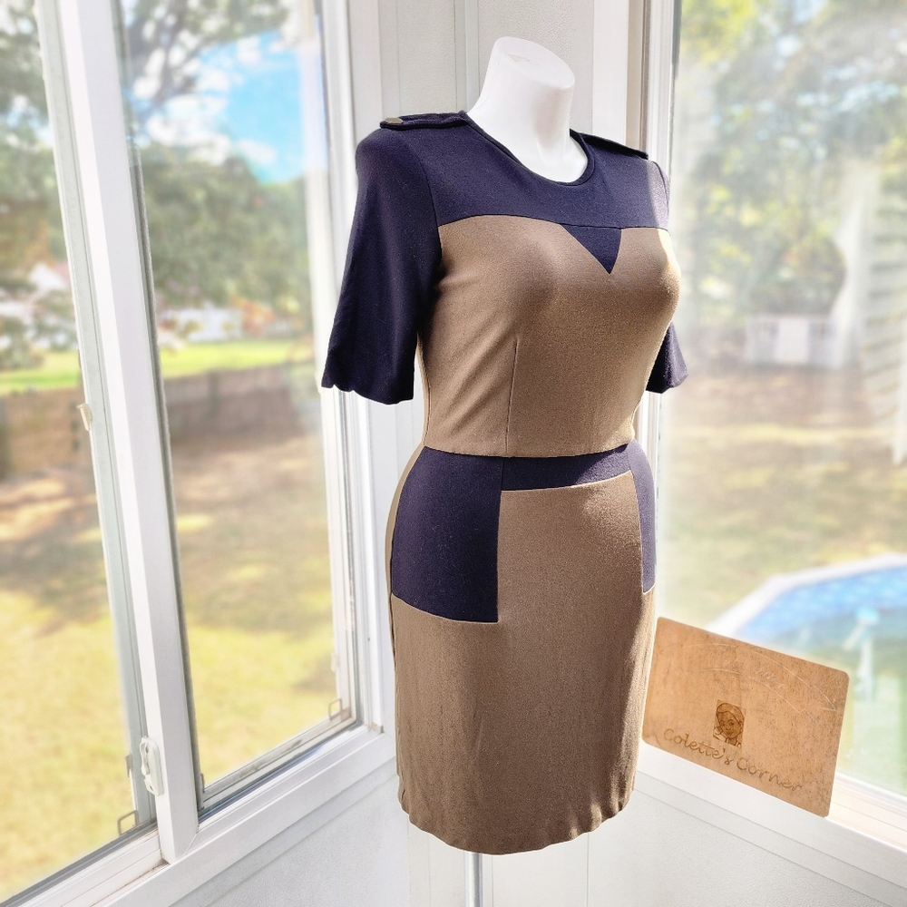 Mango Olive Green & Black Colorblock Stretch Knit Midi Dress